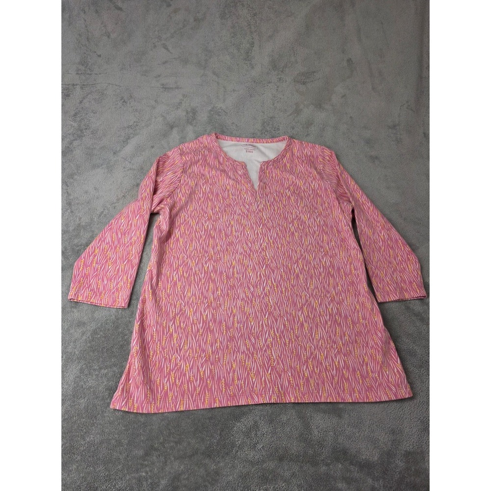 LL Bean Womens Pink Yellow Wheat Print Split Neck 3/4 Sleeve Tunic Top Small Reg